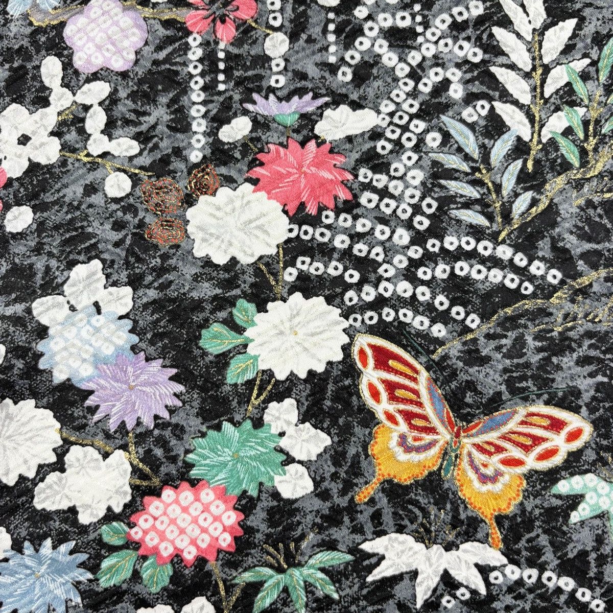 反物 秀品 小紋 落款 若村麻由美 蝶 草花 金彩 黒灰 正絹