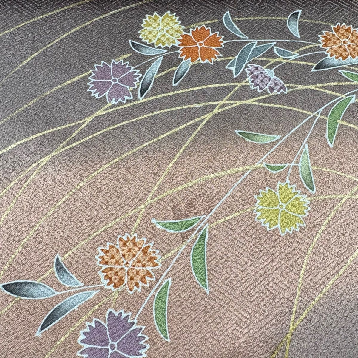 反物 秀品 付下げ 伊と幸 草花 霞 金彩 ぼかし 茶色 正絹
