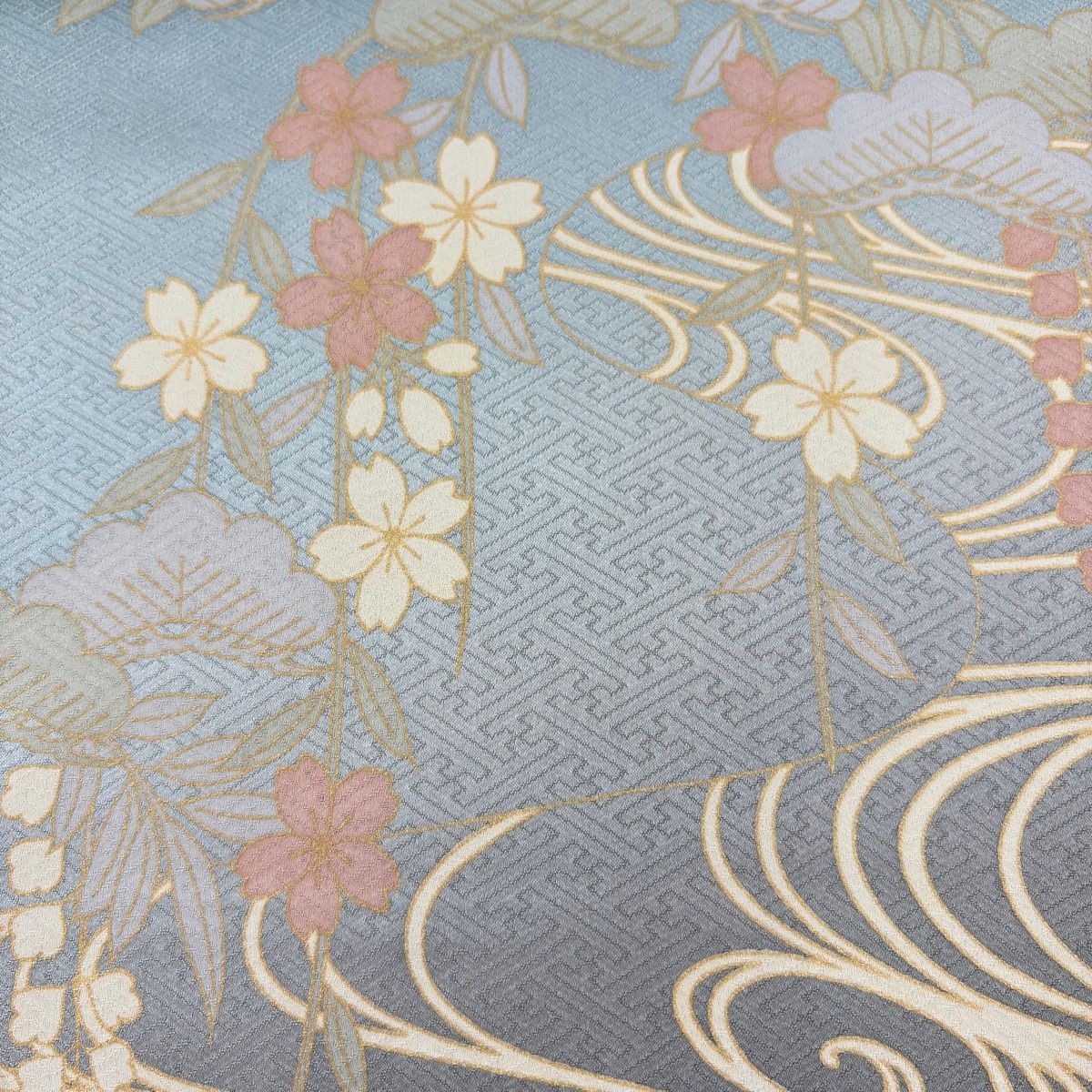 反物 秀品 付下げ 流水 桜 金彩 ぼかし 水色 正絹