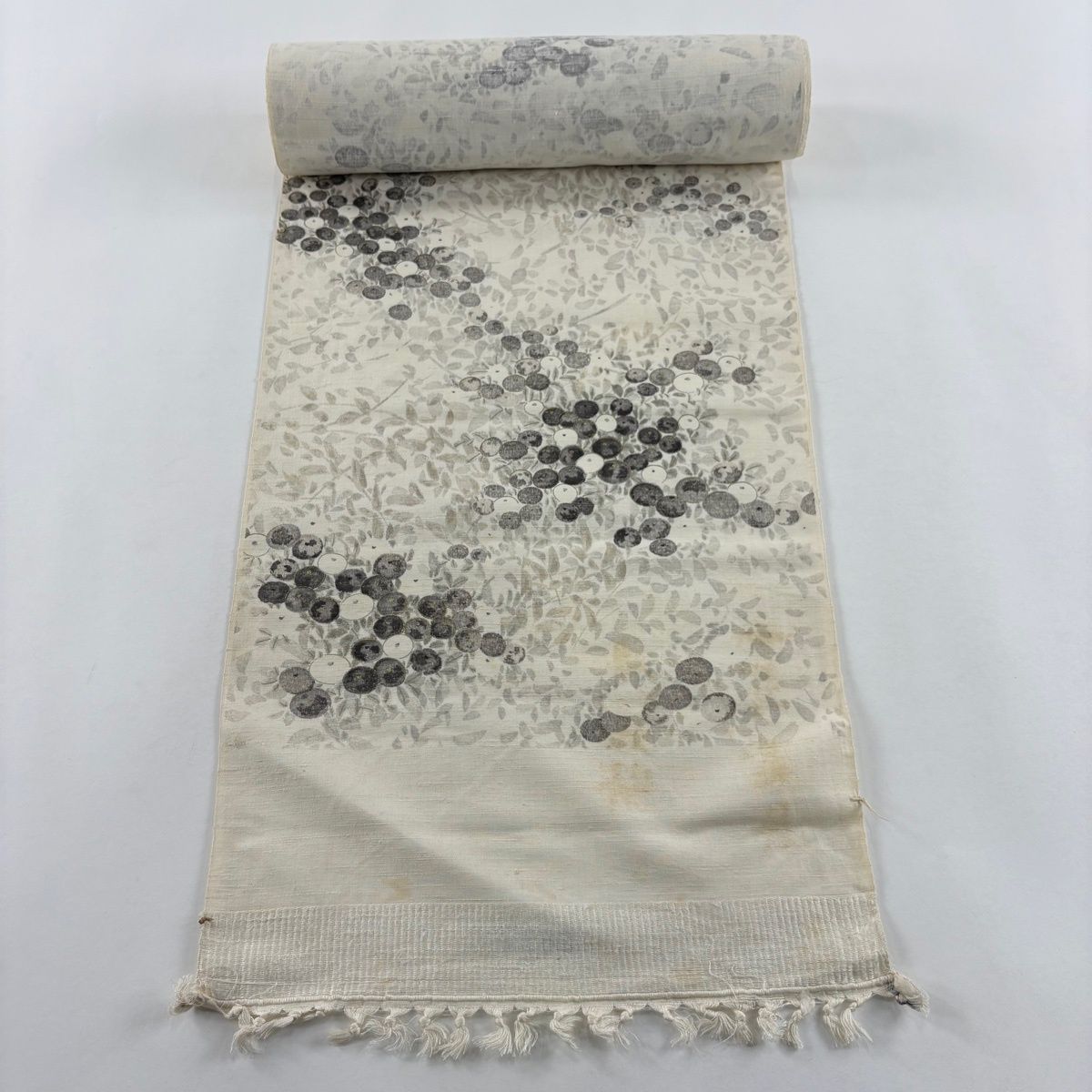 反物 秀品 小紋 紬地 万寿菊 金彩 クリーム 正絹