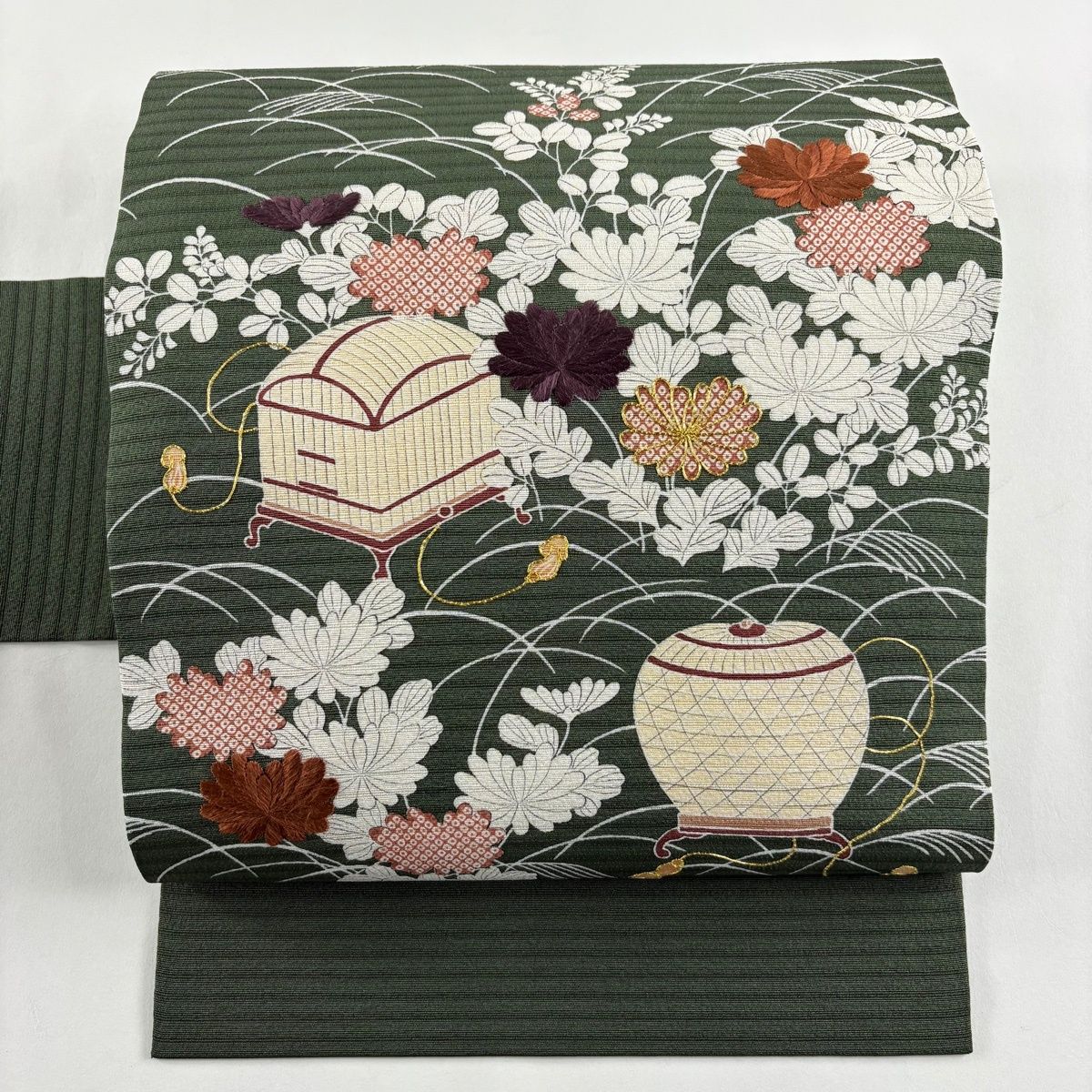 名古屋帯 落款 ぎをん齋藤 夏帯 絽 器物文 秋草 刺繍 金糸 深緑 正絹