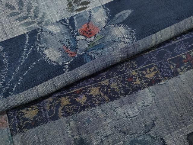 平和屋着物○小千谷紬 本真綿織 横段吉祥花文 百柄 証紙付き 正絹 逸品