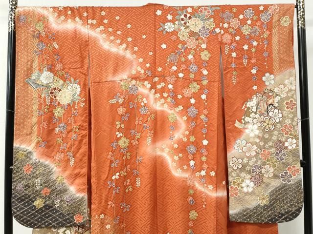 平和屋着物 豪華振袖 絞り 御所車舞花文 暈し染め 金彩 正絹 yc