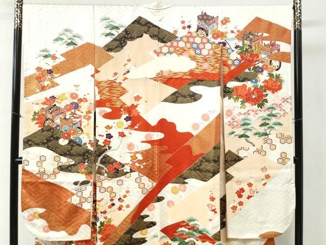 平和屋着物 豪華振袖 御所車吉祥牡丹花松文 金彩 正絹 yc