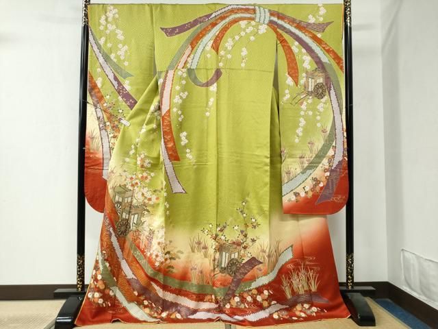 平和屋着物 ブライダルファッションデザイナー 桂由美 振袖 束ね熨斗御所車流水草花文 暈し染め 金彩 正絹 yc