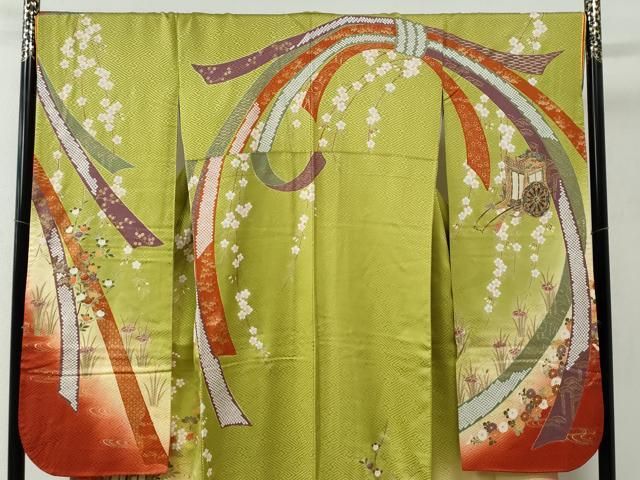 平和屋着物 ブライダルファッションデザイナー 桂由美 振袖 束ね熨斗御所車流水草花文 暈し染め 金彩 正絹 yc