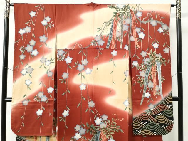 平和屋着物 豪華振袖 刺繍 立波枝垂れ花蝶文 暈し染め 金彩 正絹 yc