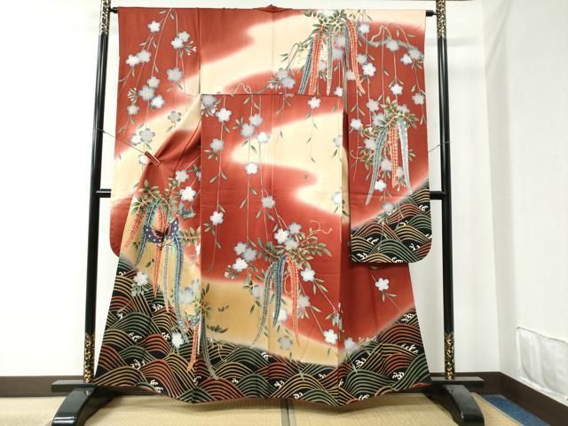 平和屋着物 豪華振袖 刺繍 立波枝垂れ花蝶文 暈し染め 金彩 正絹 yc