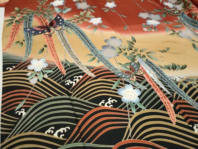  平和屋着物 豪華振袖 刺繍 立波枝垂れ花蝶文 暈し染め 金彩 正絹 yc 振袖 着物