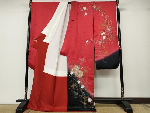 平和屋着物 豪華振袖 刺繍 花蝶文 暈し染め 金彩 正絹 ut