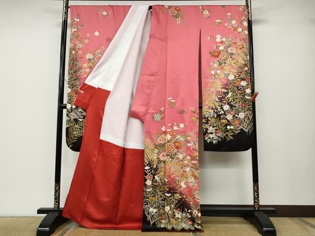 平和屋着物 豪華振袖 駒刺繍 花籠文 シルエット 暈し染め 金彩 正絹 ut