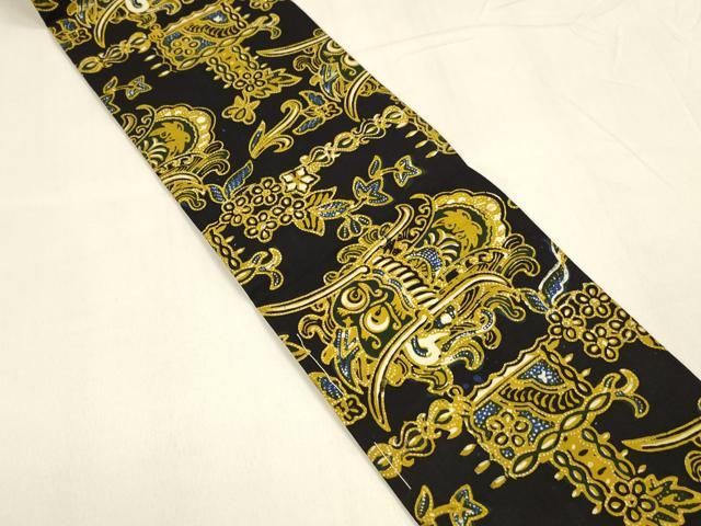 平和屋着物 半幅帯 龍更紗花文 バティック柄 黒地 綿 cm