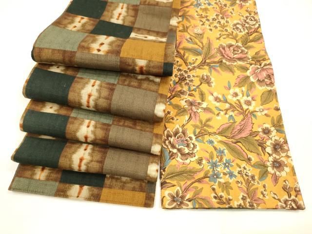 平和屋着物 両面 半幅帯 市松抽象文 草花文 バティック柄 綿 cm