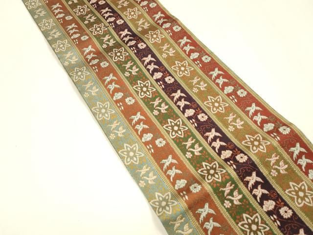 平和屋着物 半幅帯 唐花雙鳥長斑錦 銀糸 正絹 cm