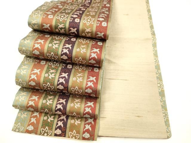 平和屋着物 半幅帯 唐花雙鳥長斑錦 銀糸 正絹 cm