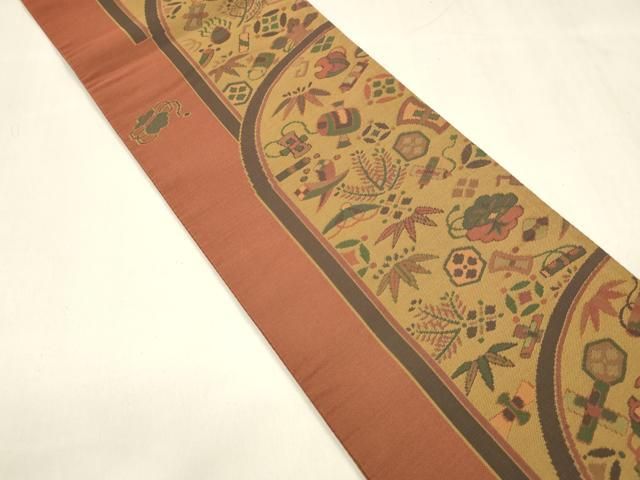 平和屋着物 京の名門 菱屋六右ェ門 両面 半幅帯 宝尽くし草花文 正絹 cm