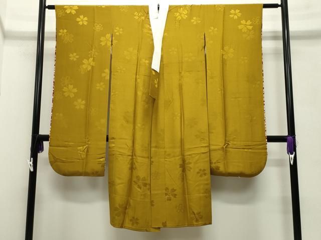 平和屋着物●振袖用長襦袢　無双仕立て　舞桜地紋　山吹茶色　やまと誂製　正絹　逸品　CABA9629gh 平和屋着物○振袖用長襦袢 無双仕立て 舞桜地紋 山吹茶色 やまと誂