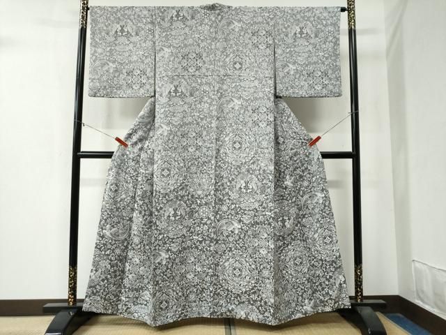 平和屋着物●上質なお召　天目織　更紗花鳥文　正絹　逸品　CAAZ3872yc 平和屋着物○上質なお召 天目織 更紗花鳥文 正絹 逸品 CAAZ3872yc