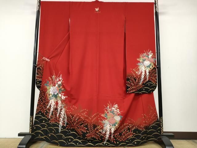 平和屋着物 豪華振袖 舞蝶花車文 金彩 洗える着物 ut