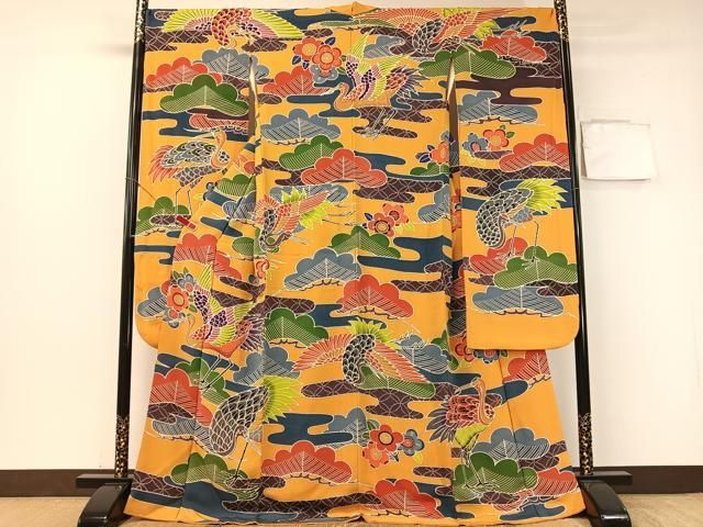 平和屋着物 豪華振袖 型染め 霞飛鶴梅松文 鬼しぼ縮緬 正絹 vp