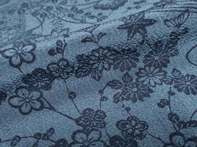 平和屋着物○上質な小紋 藍 型染め 流水草花籬文 鬼しぼ縮緬 正絹 逸品