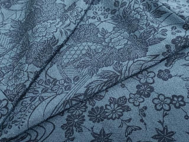平和屋着物○上質な小紋 藍 型染め 流水草花籬文 鬼しぼ縮緬 正絹 逸品