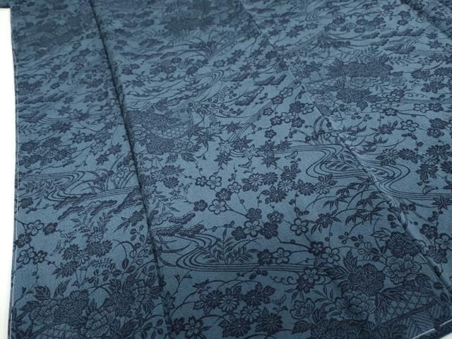平和屋着物○上質な小紋 藍 型染め 流水草花籬文 鬼しぼ縮緬 正絹 逸品
