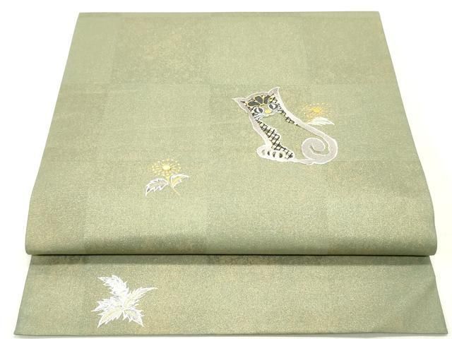 平和屋着物 つけ帯 猫 草花文 金彩 引箔 正絹 ob