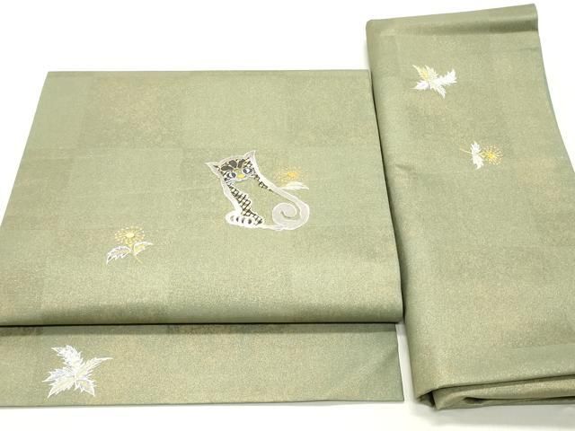 平和屋着物 つけ帯 猫 草花文 金彩 引箔 正絹 ob