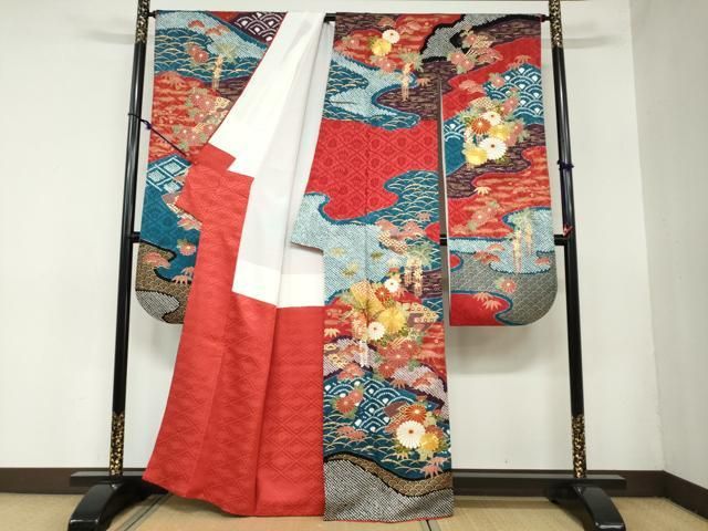 平和屋着物 豪華振袖 駒刺繍 扇面草花文 金彩 正絹 ud