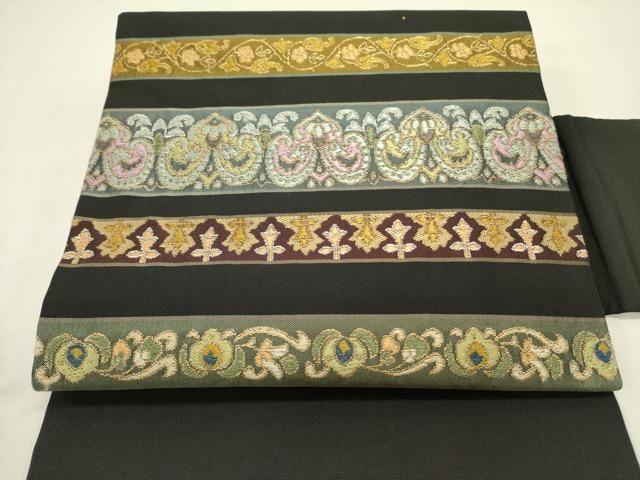 平和屋着物 つけ帯 横段花文 黒地 金糸 正絹 op