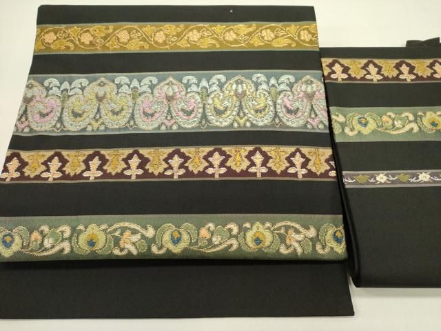 平和屋着物 つけ帯 横段花文 黒地 金糸 正絹 op