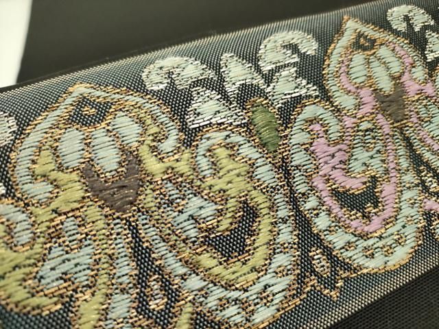  平和屋着物 つけ帯 横段花文 黒地 金糸 正絹 op 付け帯 作り帯 帯
