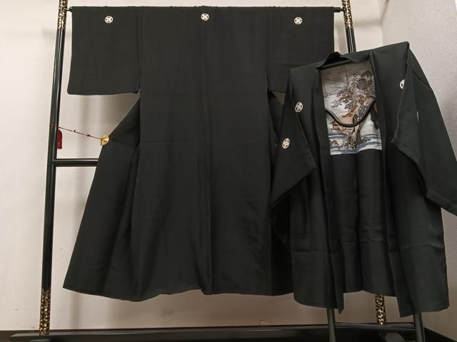 平和屋着物 男性 黒紋付 羽織セット 正絹 ph