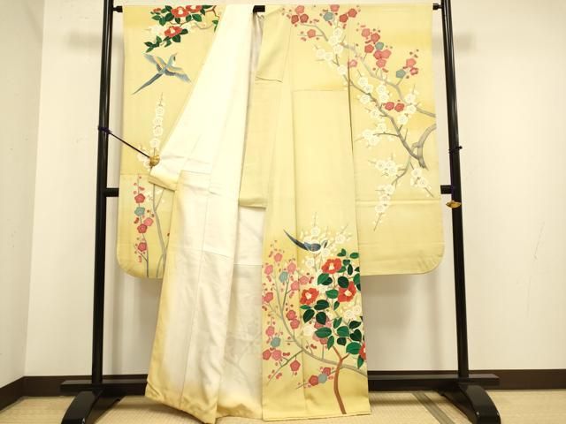 平和屋着物 豪華振袖 友禅 作家物 枝梅に休み鳥 椿 暈し染め 正絹 du