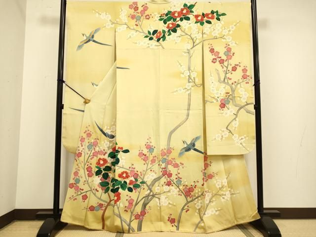平和屋着物 豪華振袖 友禅 作家物 枝梅に休み鳥 椿 暈し染め 正絹 du