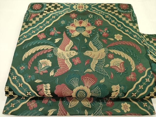 平和屋着物 アンティーク 大正ロマン 全通柄九寸名古屋帯 向かい鳥花文 引き抜き帯 正絹 op