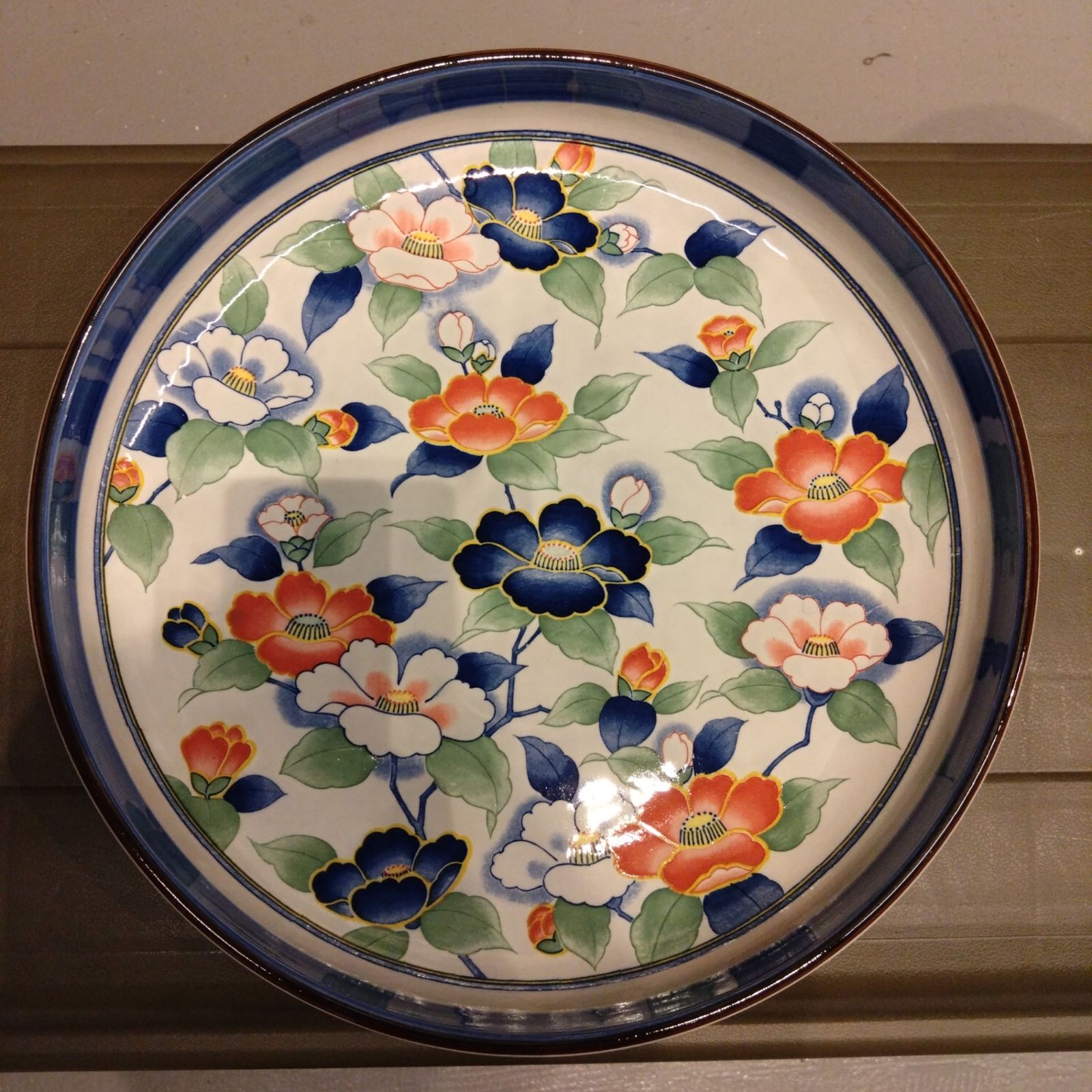 九谷山茶花 Japan 日本産 土産 転写 九谷焼 くたに 色絵 大皿 食器 和