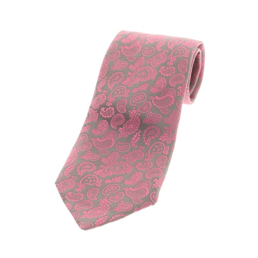中古】シャルベ CHARVET シルク ペイズリー柄ネクタイ グレーxピンク
