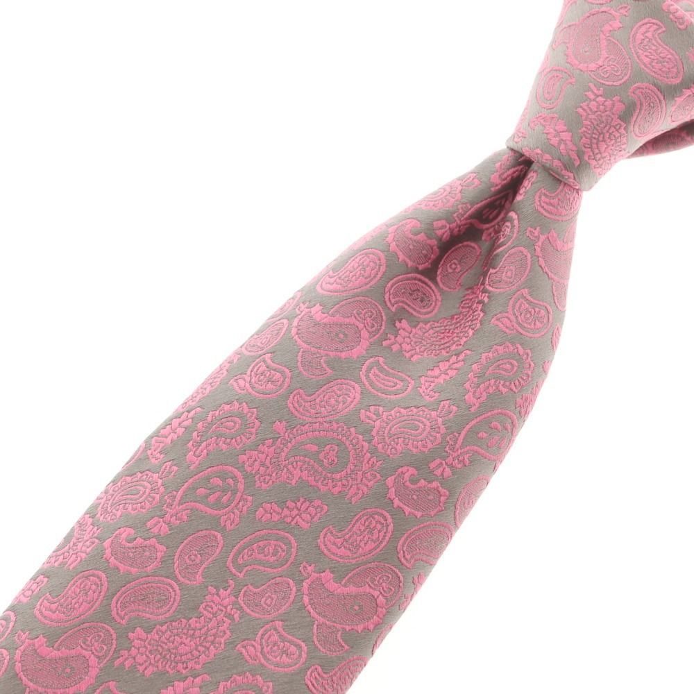 中古】シャルベ CHARVET シルク ペイズリー柄ネクタイ グレーxピンク
