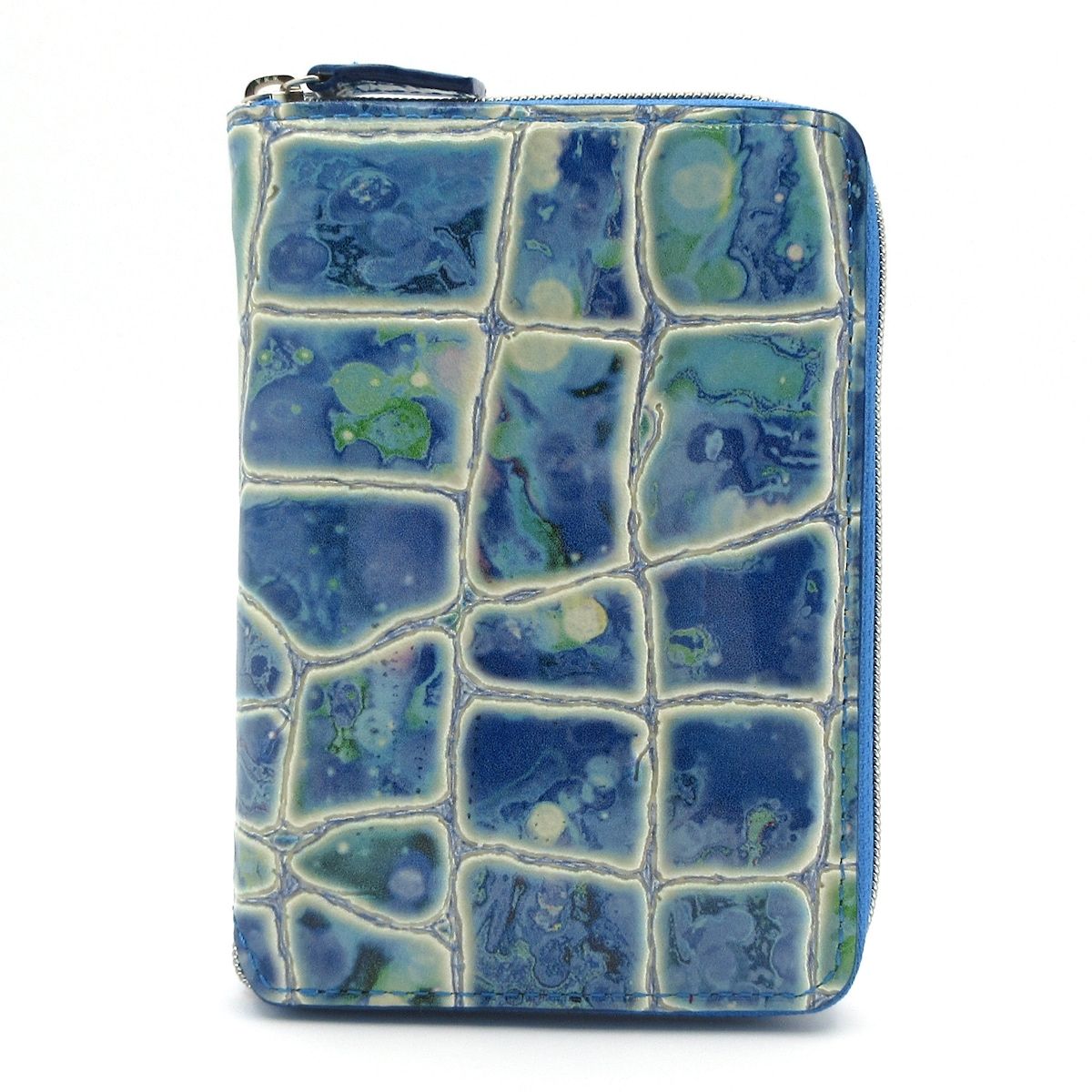 ASHFORD アシュフォード 手帳 ブルー 白 型押し加工 ラウンドファスナー レザー