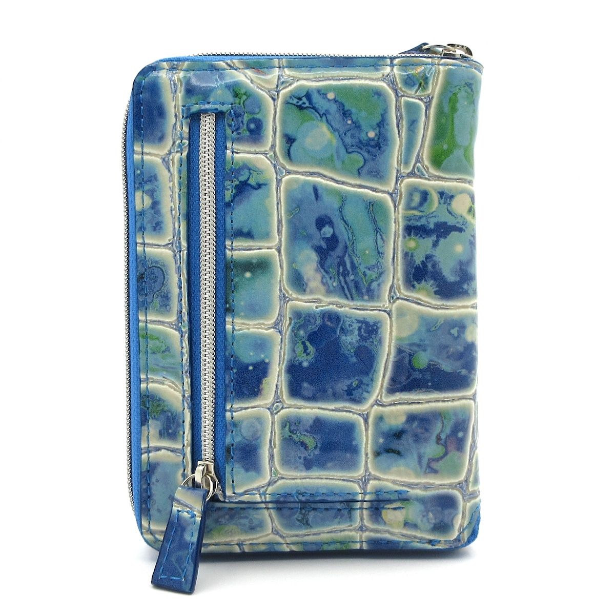 ASHFORD アシュフォード 手帳 ブルー 白 型押し加工 ラウンドファスナー レザー