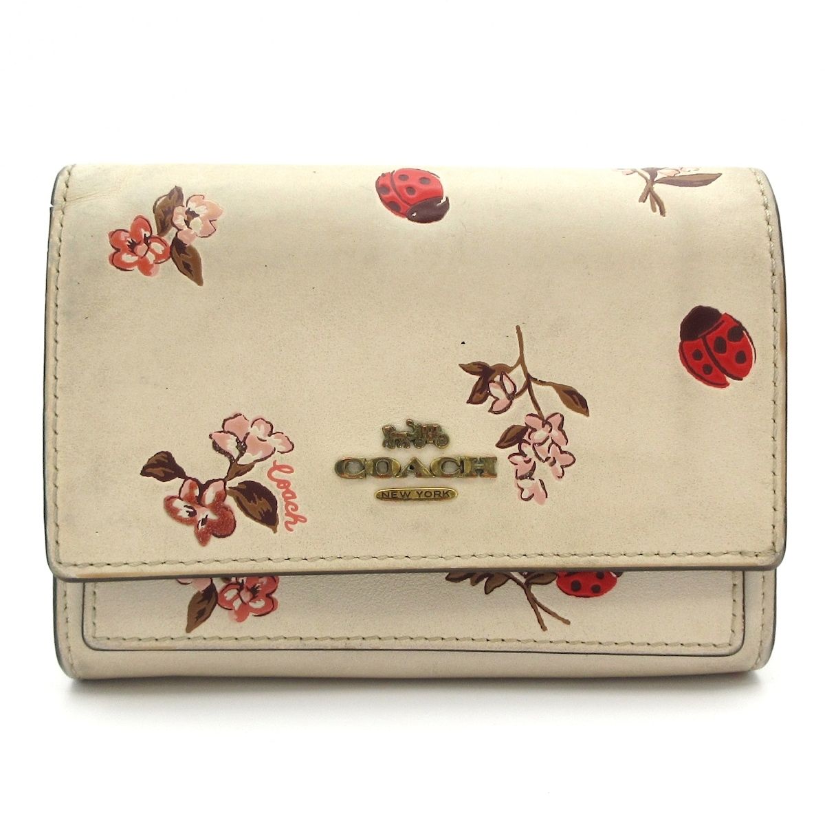コーチ 2つ折り財布 ミディアム フラップ ウォレット ウィズ レディバグ フローラル プリント 6410 白 ライトピンク マルチ レザー