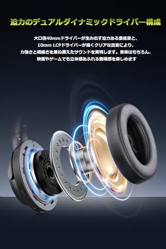 MIATONE ワイヤレスヘッドホン Bluetooth 5 4 対応 最大48 dB ハイブリッドアクティブノイズキャンセリング ＆ 外音取込 重低音サウンド 無線 有線両対 60時間再生 収納ケース付 40 mm 10 mmデュアルドライバー se