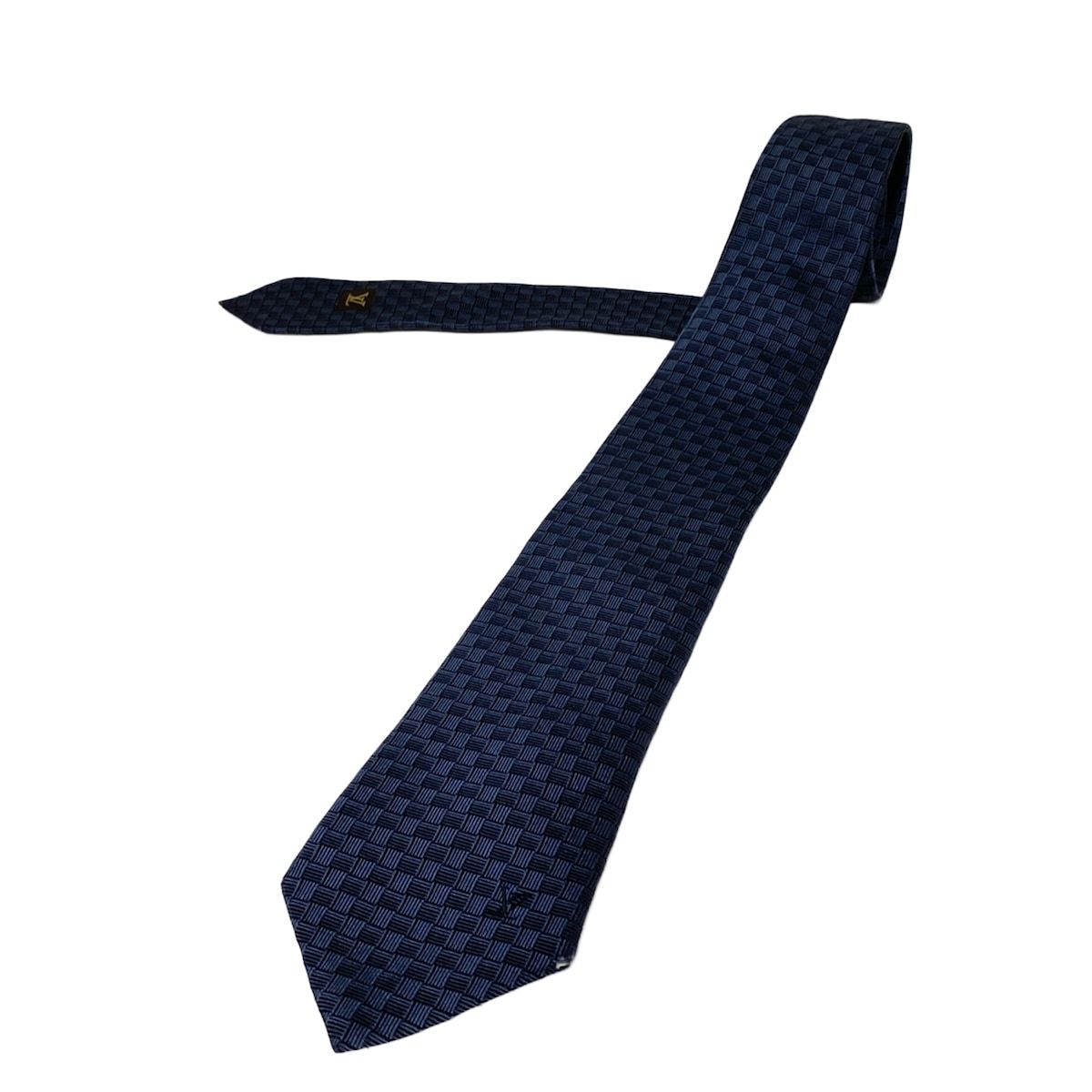 美品 ルイヴィトン ダミエ 高級ネクタイ ネイビー 青 現行タグ