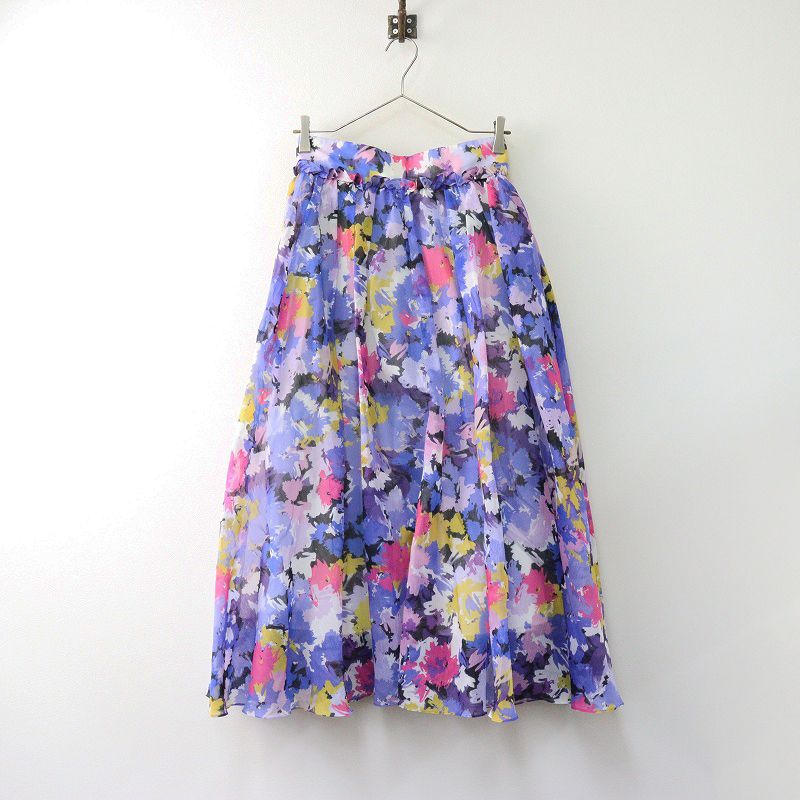 シートーキョー SHE Tokyo lira Flower スカート 36 ブルー フラワー フリル ギャザー ボリューム シアー