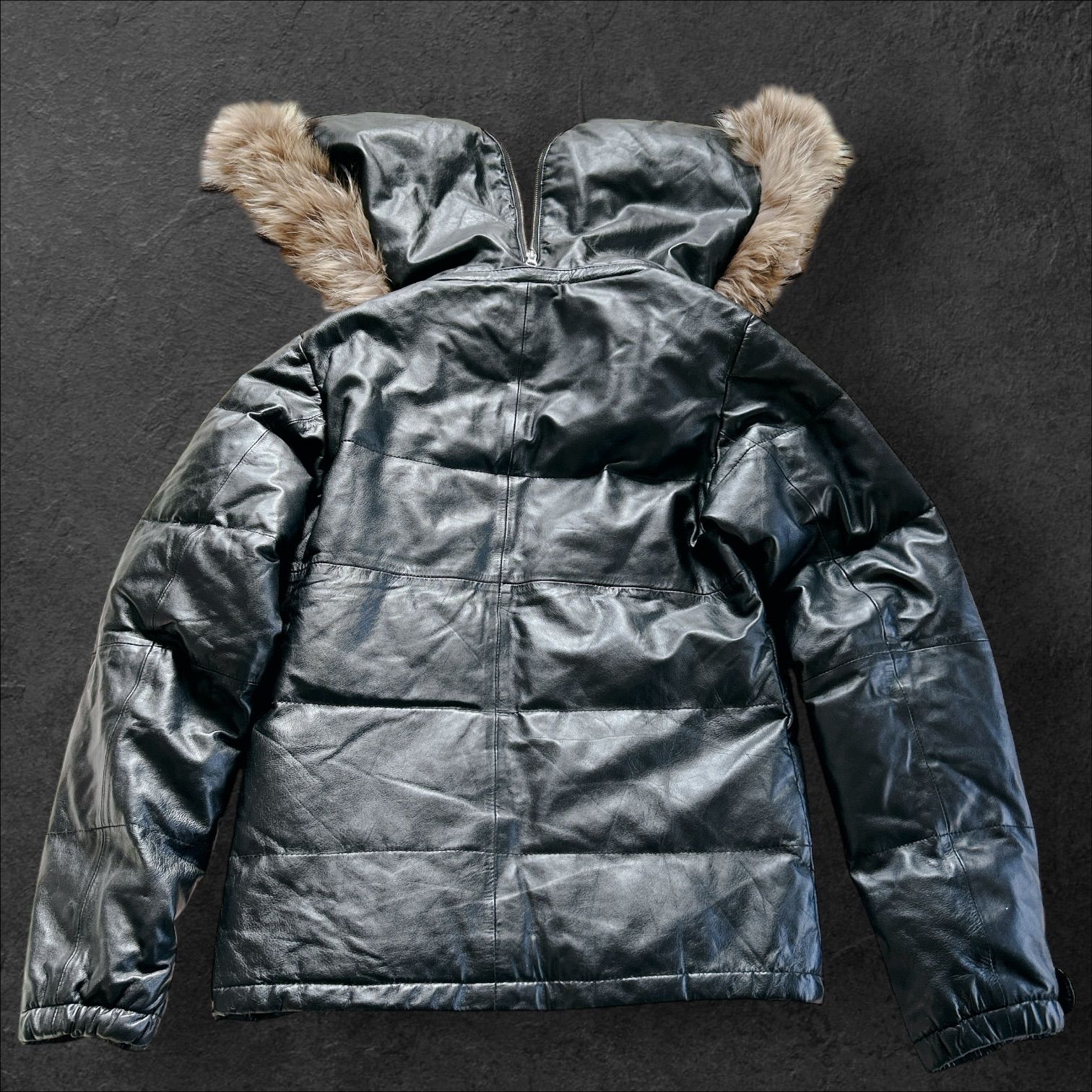 archive y 2 k 羊革 レザー ダウン ジャケット ラクーンファー ブラック Lサイズ シングルライダース レザージャケット ライダース ジャケット アウター