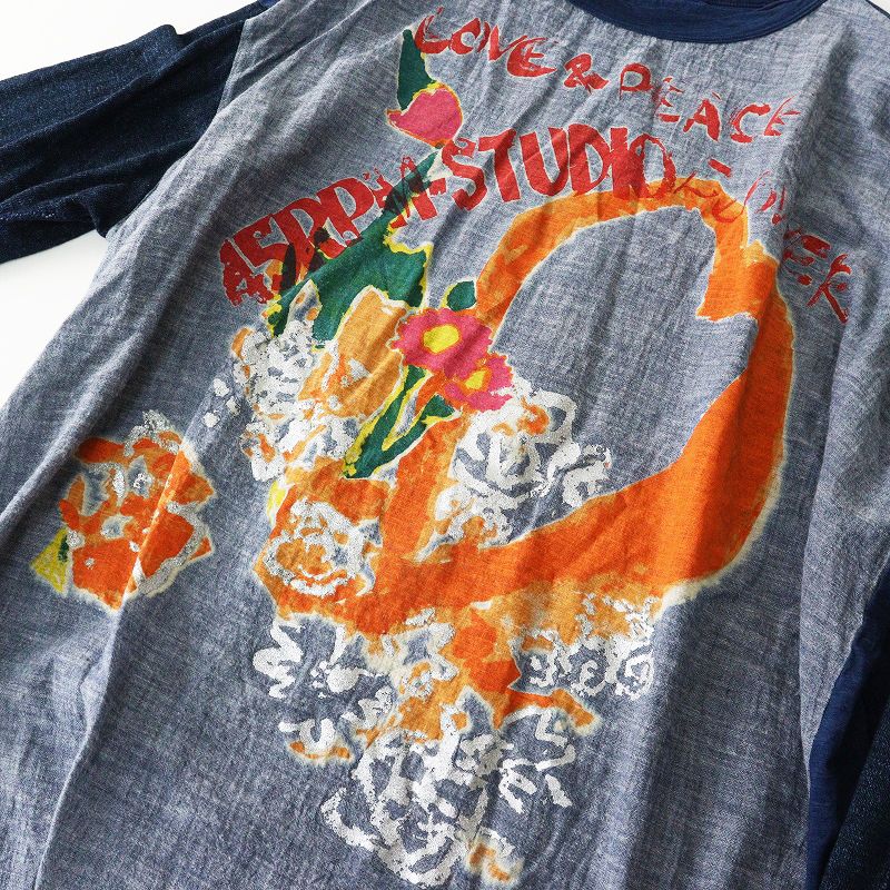 45R フォーティーファイブアール 再び インディゴ パッチワーク 長袖Tシャツ 0 ネイビー┃トップス カットソー TEE【2400014709162】 45R フォーティーファイブアール 再び インディゴ パッチワーク 長袖T