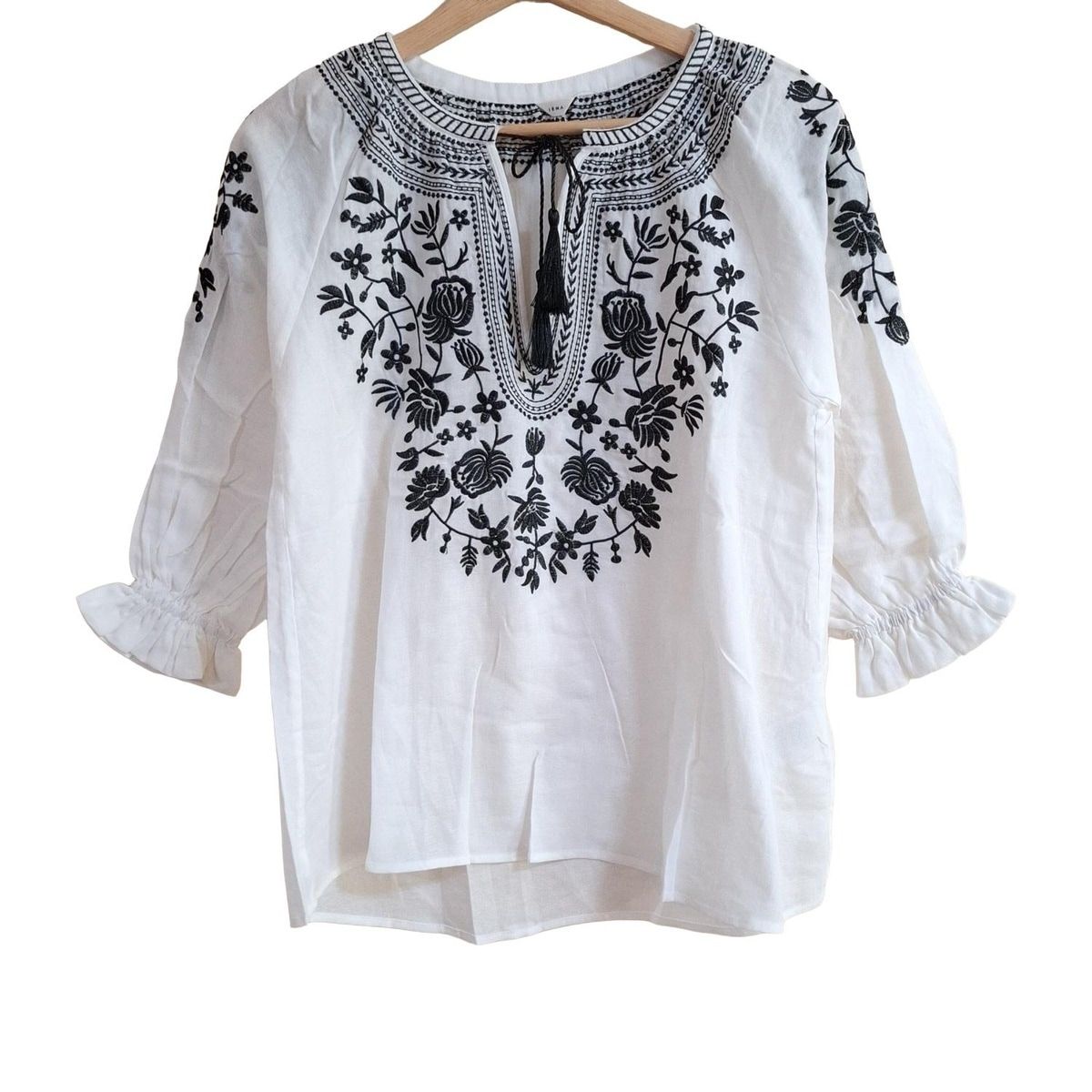 IENA イエナ 七分袖カットソー レディース - 白×黒 刺繍 花柄