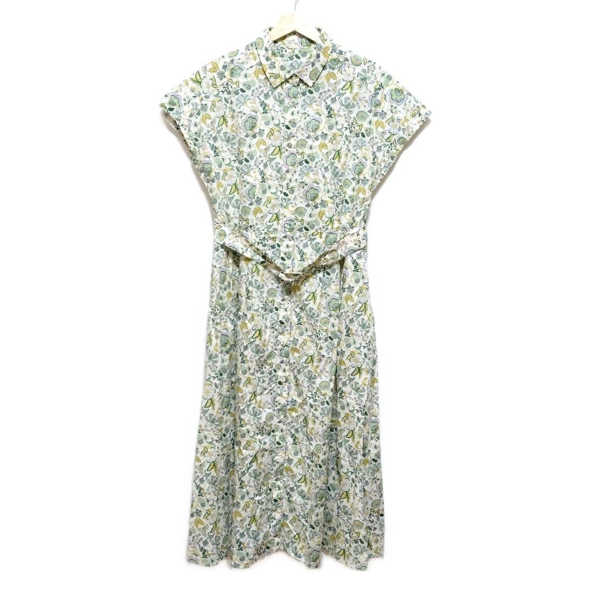Scapa スキャパ ワンピース サイズ38 L レディース 白 グリーン マルチ 半袖 ロング シャツワンピ 花柄